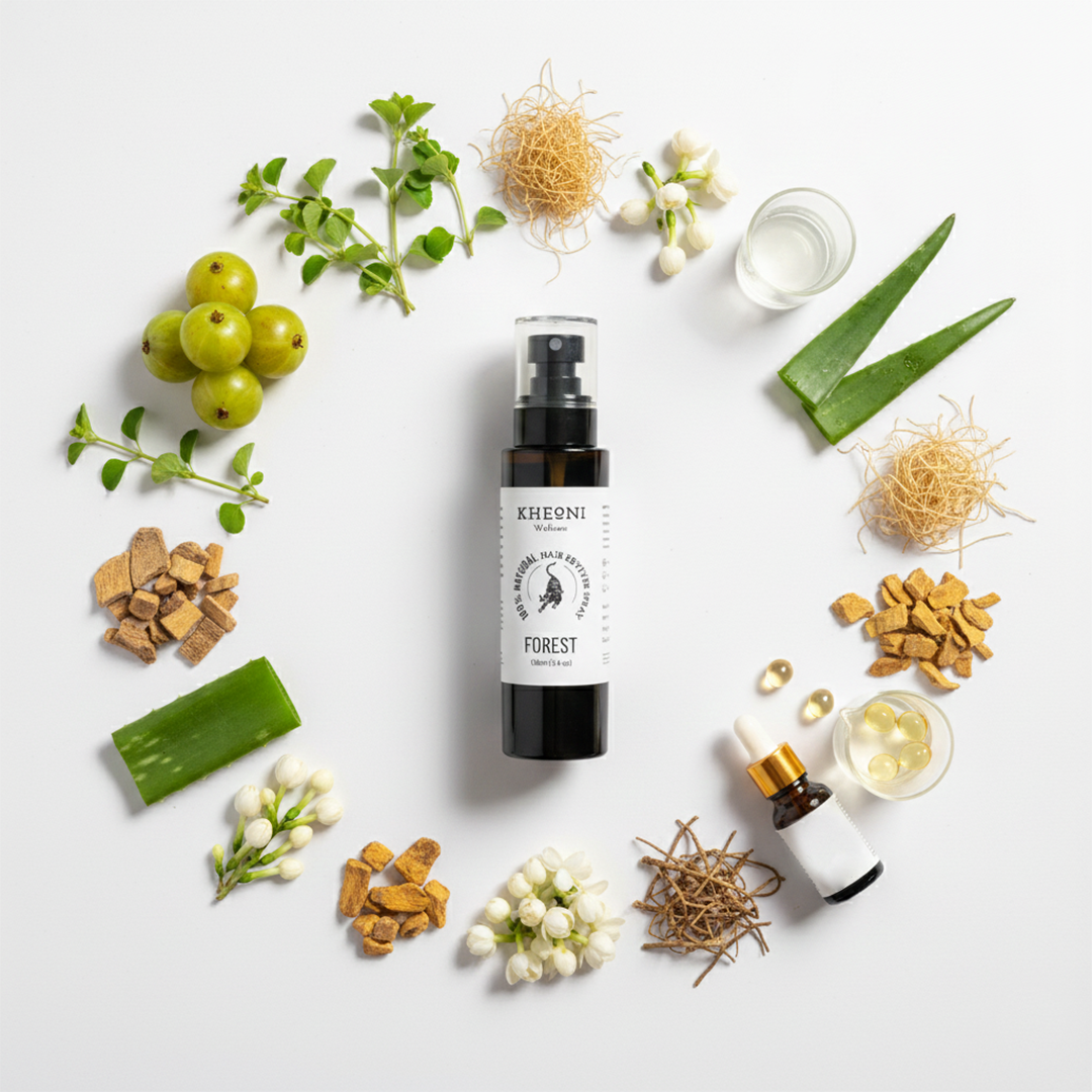 Amla, Brahmi, Aloe vera, Bhringraj and other ayurvedic herbs extracted in all natural hair spray, without the stickiness of oil.