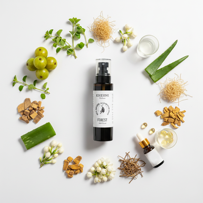 Amla, Brahmi, Aloe vera, Bhringraj and other ayurvedic herbs extracted in all natural hair spray, without the stickiness of oil.