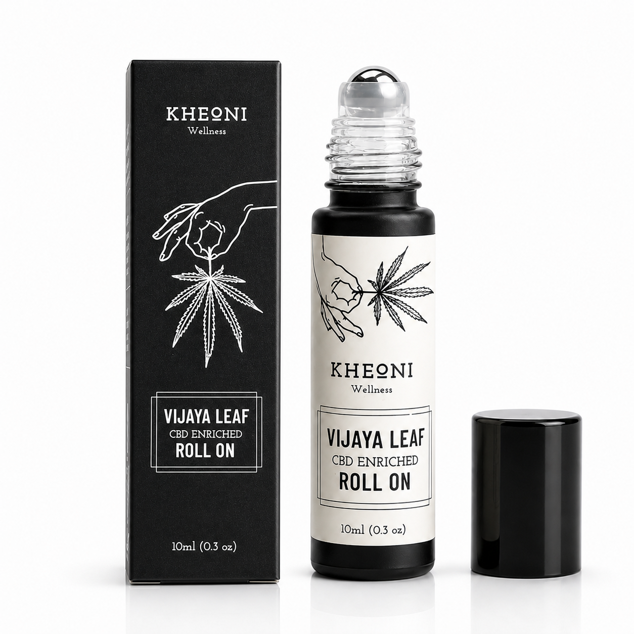 Kheoni Vijaya Leaf Roll On natural herbal pain relief roll-on in glass bottle, white background