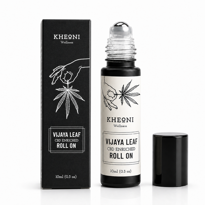 Kheoni Vijaya Leaf Roll On natural herbal pain relief roll-on in glass bottle, white background
