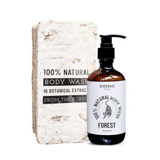 Ayurvedic Body Wash with natural botanicals from the forest, packaged inside a sustainable parlay box